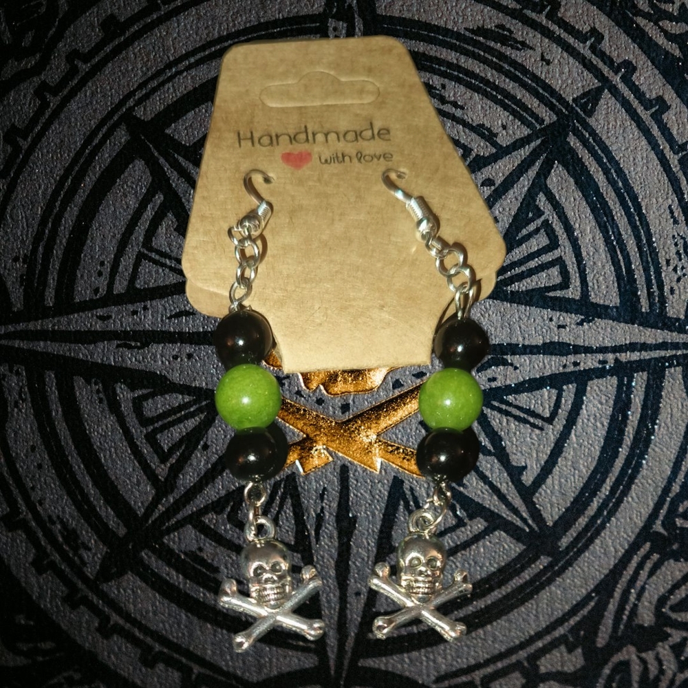 Handmade Skull Earrings with Green and Black Beads